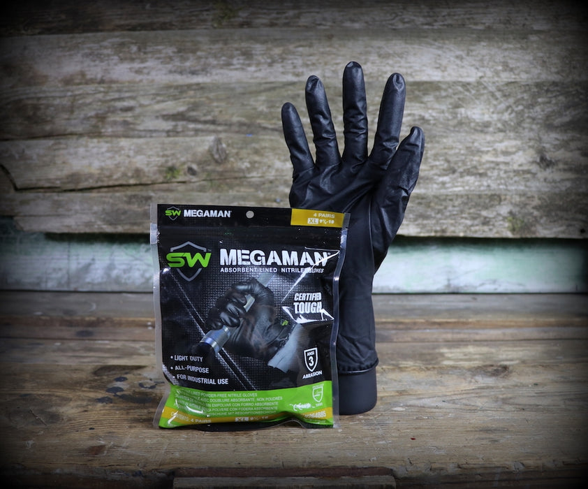 Megaman Absorbent Lined Black Nitrile Gloves (Pack of 4, XL)